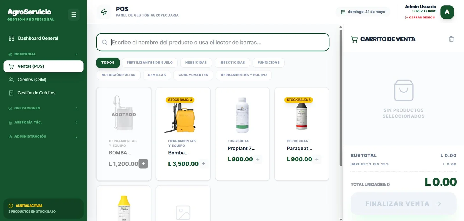 AgroServicio: ERP de Gestión Agropecuaria, Créditos & Control Comercial - Panel de Ventas & Inventario